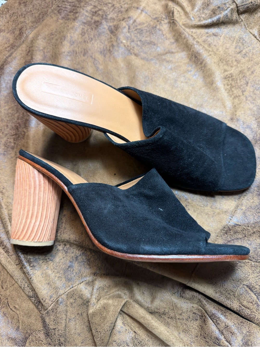 40. Rachel Comey Black Suede Open-Toe Wooden Block Heel Mules